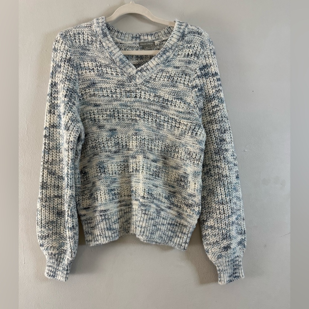 Falls Creek V Neck Chunky Knit Sweater Blue Cream Long Sleeve Women’s M